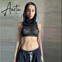 Women Solid Crochet Sleeveless Puss Knit Hooded Tank Top Y2K Sexy Navel Camisole Stretch Skinny street hipster Wild vest Aiertu