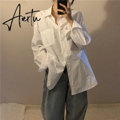 Women Solid White Blouses Simple Casual Shirts Oversize 4XL Turn-down Collar Pockets Basic Tops Korean Style Loose All-match INS Aiertu