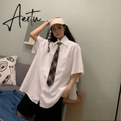 Women Solid White Blouses Simple Casual Shirts Oversize 4XL Turn-down Collar Pockets Basic Tops Korean Style Loose All-match INS Aiertu