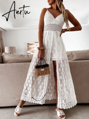 Women Spaghetti Straps Long Beach Dress Boho Summer Sleeveless Hollow Out Floral Lace Playsuit Sundress Lady Outfit Aiertu
