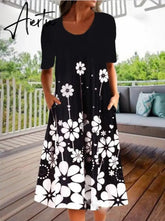 Women Spring Dresses O-neck Half Sleeve Floral Printed Dress Vintage Printed Dress A-line Skirt Summer Mid-calf Loose Dress Aiertu