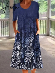 Women Spring Dresses O-neck Half Sleeve Floral Printed Dress Vintage Printed Dress A-line Skirt Summer Mid-calf Loose Dress Aiertu