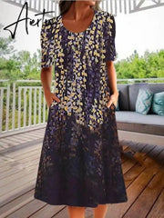Women Spring Dresses O-neck Half Sleeve Floral Printed Dress Vintage Printed Dress A-line Skirt Summer Mid-calf Loose Dress Aiertu