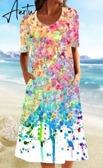 Women Spring Dresses O-neck Half Sleeve Floral Printed Dress Vintage Printed Dress A-line Skirt Summer Mid-calf Loose Dress Aiertu