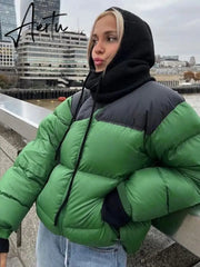 Women Stand Collar Patchwork Parkas Cotton Padded Coats 2023 Autumn Winter Zip-up Pockets Warm Varsity Jackets Red Streetwear Aiertu