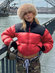 Women Stand Collar Patchwork Parkas Cotton Padded Coats 2023 Autumn Winter Zip-up Pockets Warm Varsity Jackets Red Streetwear Aiertu