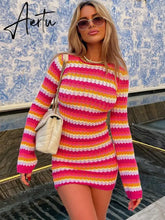 Women Stripe Knit Beach Dress Bodycon Backless Long Sleeve Green Y2K Casual Summer Holiday Sexy Dresses Party Mini Vestidos Aiertu