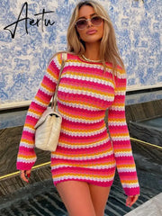 Women Stripe Knit Beach Dress Bodycon Backless Long Sleeve Green Y2K Casual Summer Holiday Sexy Dresses Party Mini Vestidos Aiertu