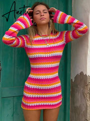 Women Stripe Knit Beach Dress Bodycon Backless Long Sleeve Green Y2K Casual Summer Holiday Sexy Dresses Party Mini Vestidos Aiertu