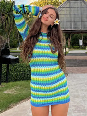 Women Stripe Knit Beach Dress Bodycon Backless Long Sleeve Green Y2K Casual Summer Holiday Sexy Dresses Party Mini Vestidos Aiertu