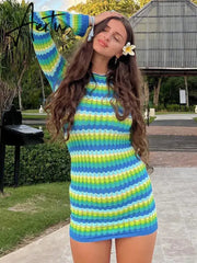 Women Stripe Knit Beach Dress Bodycon Backless Long Sleeve Green Y2K Casual Summer Holiday Sexy Dresses Party Mini Vestidos Aiertu