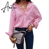 Women Striped Long Sleeve Blouse Shirt Female Loose Blusas Femme Autumn Fall Casual Ladies Office Blouses Top Sexy Plus Size 5XL Aiertu