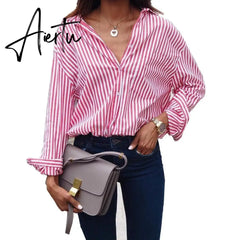 Women Striped Long Sleeve Blouse Shirt Female Loose Blusas Femme Autumn Fall Casual Ladies Office Blouses Top Sexy Plus Size 5XL Aiertu
