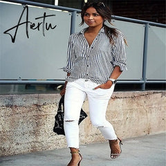 Women Striped Long Sleeve Blouse Shirt Female Loose Blusas Femme Autumn Fall Casual Ladies Office Blouses Top Sexy Plus Size 5XL Aiertu