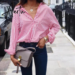 Women Striped Long Sleeve Blouse Shirt Female Loose Blusas Femme Autumn Fall Casual Ladies Office Blouses Top Sexy Plus Size 5XL Aiertu