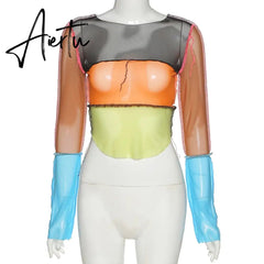 Women striped patchwork ribbons femme t-shirts Autumn o-neck long sleeve neon color casual streetwear fashion outfit Aiertu