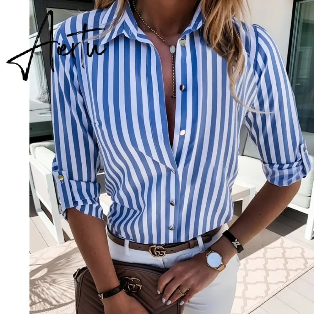 Women Striped Print Slim Blouse Autumn Long Sleeve Turn Down Collar Office Shirts Blouses Plus Size Top Blusas Femininas Aiertu