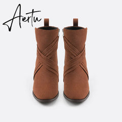 Women Suede Thick Heeled Side Zipper Boots mysite