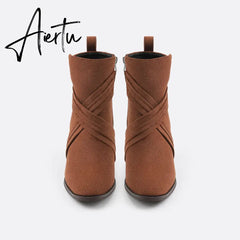 Women Suede Thick Heeled Side Zipper Boots mysite