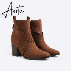 Women Suede Thick Heeled Side Zipper Boots mysite
