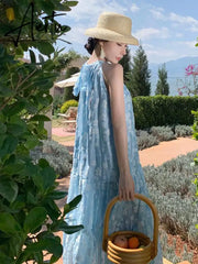 Women Summer Blue Halter Bandage Loose Long Floral Print Dresses Fashion Party Slim Pleated Dress Sweet Elegant Off Shoulder New Aiertu