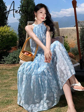 Women Summer Blue Halter Bandage Loose Long Floral Print Dresses Fashion Party Slim Pleated Dress Sweet Elegant Off Shoulder New Aiertu