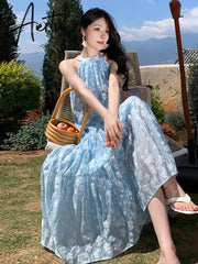 Women Summer Blue Halter Bandage Loose Long Floral Print Dresses Fashion Party Slim Pleated Dress Sweet Elegant Off Shoulder New Aiertu