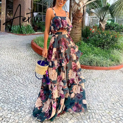 Women Summer Boho Beach Two Piece Set Sexy Skirt Set Crop Top+Maxi Long Skirt Floral Printed Ruffles High Waist Casual Two Piece Aiertu