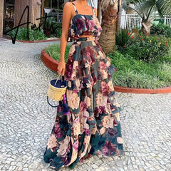 Women Summer Boho Beach Two Piece Set Sexy Skirt Set Crop Top+Maxi Long Skirt Floral Printed Ruffles High Waist Casual Two Piece Aiertu