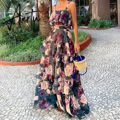 Women Summer Boho Beach Two Piece Set Sexy Skirt Set Crop Top+Maxi Long Skirt Floral Printed Ruffles High Waist Casual Two Piece Aiertu