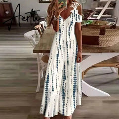 Women Summer Boho Long Dresses Sexy V-Neck Off Shoulder Hollow Out Floral Print Dress Casual Beach Short Sleeve Robe Vestidos Aiertu
