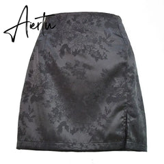 Women Summer Elegant Jacquard Satin Skirt Sexy High Waist Mini Skirt Vintage Zipper Pencil skirt with side Slit Y2K 2000s 90s Aiertu
