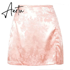 Women Summer Elegant Jacquard Satin Skirt Sexy High Waist Mini Skirt Vintage Zipper Pencil skirt with side Slit Y2K 2000s 90s Aiertu
