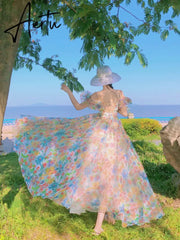 Women Summer Fairy Skirt French First Love Bubble Sleeve Sweet Gauze Strap Beach Skirt Floral Design Elegant Midi Dresses Beach Aiertu