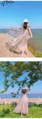 Women Summer Fairy Skirt French First Love Bubble Sleeve Sweet Gauze Strap Beach Skirt Floral Design Elegant Midi Dresses Beach Aiertu