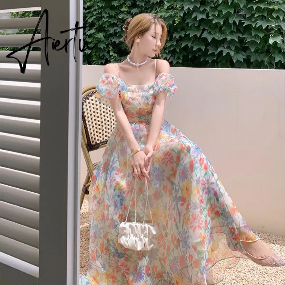Women Summer Fairy Skirt French First Love Bubble Sleeve Sweet Gauze Strap Beach Skirt Floral Design Elegant Midi Dresses Beach Aiertu
