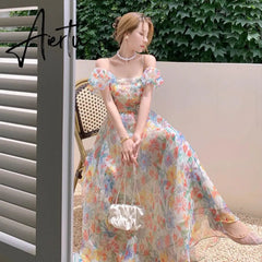 Women Summer Fairy Skirt French First Love Bubble Sleeve Sweet Gauze Strap Beach Skirt Floral Design Elegant Midi Dresses Beach Aiertu