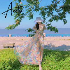 Women Summer Fairy Skirt French First Love Bubble Sleeve Sweet Gauze Strap Beach Skirt Floral Design Elegant Midi Dresses Beach Aiertu