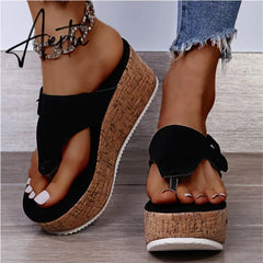 Women Summer Flip Flops Shoes Female Wedge Platform Sandal Ladies 7.5cm Thick Bottom Casual Slippers Shoe Black Pink Aiertu