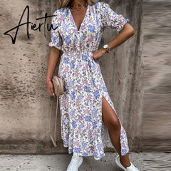 Women Summer Floral Print Slit Skirt Sexy Button V Neck Short Sleeve Long Dresses Female Casual Elegant Party Dress Vestidos Aiertu