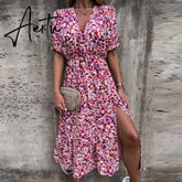 Women Summer Floral Print Slit Skirt Sexy Button V Neck Short Sleeve Long Dresses Female Casual Elegant Party Dress Vestidos Aiertu