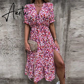 Women Summer Floral Print Slit Skirt Sexy Button V Neck Short Sleeve Long Dresses Female Casual Elegant Party Dress Vestidos Aiertu