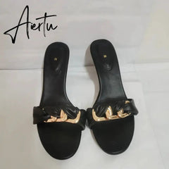 Women Summer Heeled Slippers with Chain Sexy Rhinestones Slingback Sandals Female Fashion Beach Shoes Aiertu