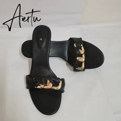Women Summer Heeled Slippers with Chain Sexy Rhinestones Slingback Sandals Female Fashion Beach Shoes Aiertu