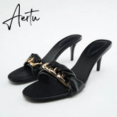 Women Summer Heeled Slippers with Chain Sexy Rhinestones Slingback Sandals Female Fashion Beach Shoes Aiertu