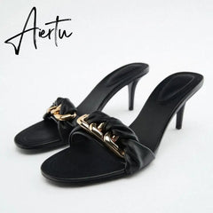 Women Summer Heeled Slippers with Chain Sexy Rhinestones Slingback Sandals Female Fashion Beach Shoes Aiertu