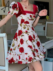 Women Summer Holiday Floral Elegant Vestidos College lady high waist Party long dress female france camisole dress Aiertu