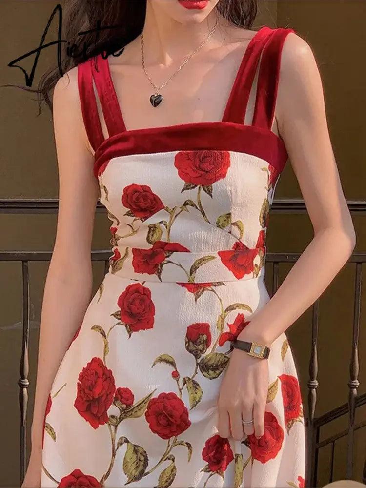 Women Summer Holiday Floral Elegant Vestidos College lady high waist Party long dress female france camisole dress Aiertu
