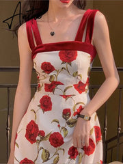 Women Summer Holiday Floral Elegant Vestidos College lady high waist Party long dress female france camisole dress Aiertu