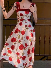 Women Summer Holiday Floral Elegant Vestidos College lady high waist Party long dress female france camisole dress Aiertu